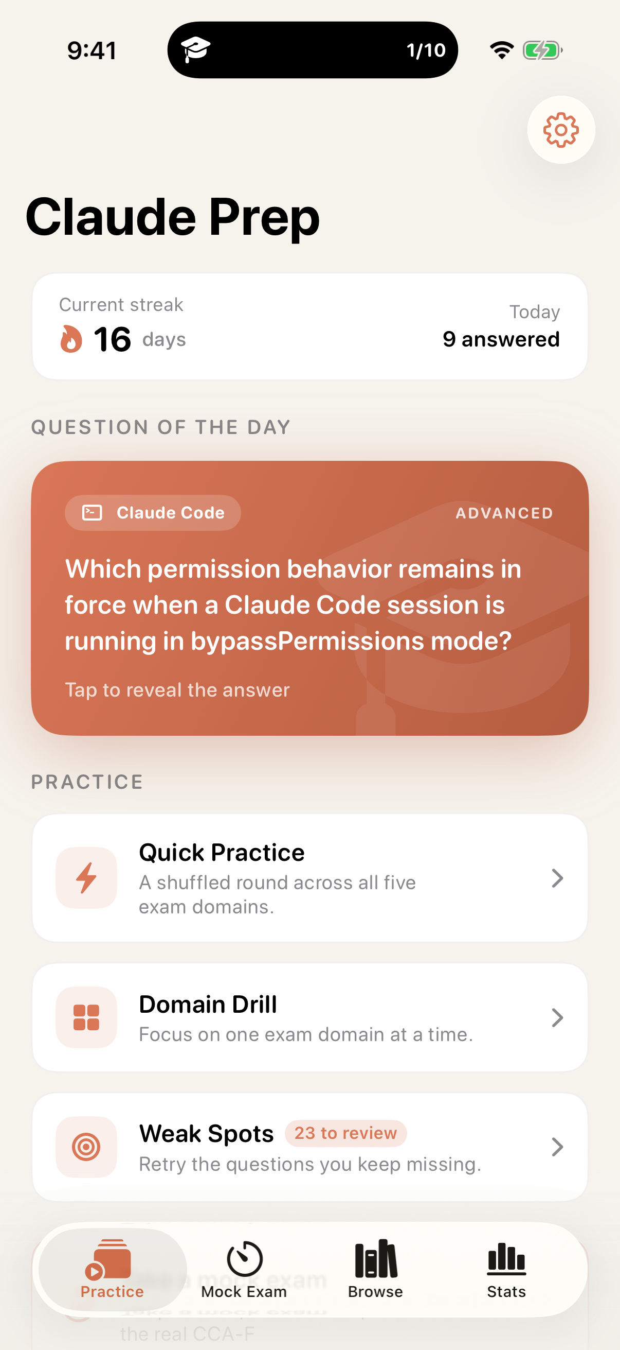 Claude Prep: Certification Exam, the practice home screen